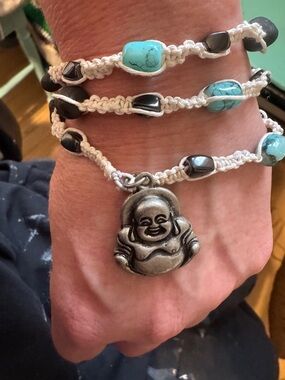 Handcrafted Turquoise and obsidian Bead Macrame Bracelet w pewter Buddha Charm